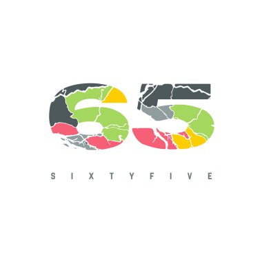 Beyaz arkaplanda izole edilmiş 65 numara logo çok renkli harf dizayn şablonu