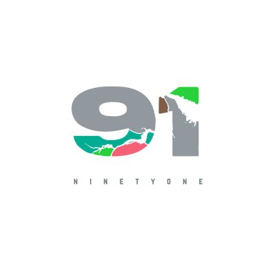 Beyaz arkaplanda 91 numara logo çok renkli harf dizayn şablonu izole edildi