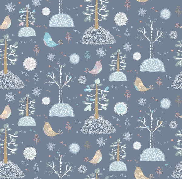 Seamless vector winter pattern with birds and pine trees