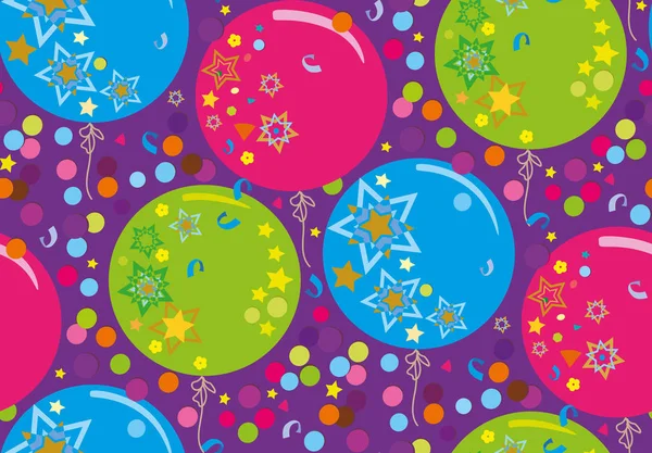 Seamless vector pattern with balloons and confetti on a purple background — Stock Vector
