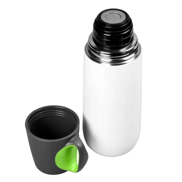 Thermos Metallico Isolato Sfondo Bianco — Foto Stock