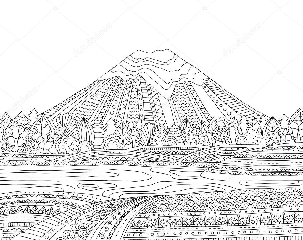 Printable coloring page for adults with mountain landscape, lake, flower meadow, forest, trees. Hand drawn vector illustration. Freehand sketch for adult anti stress coloring book page with doodle and