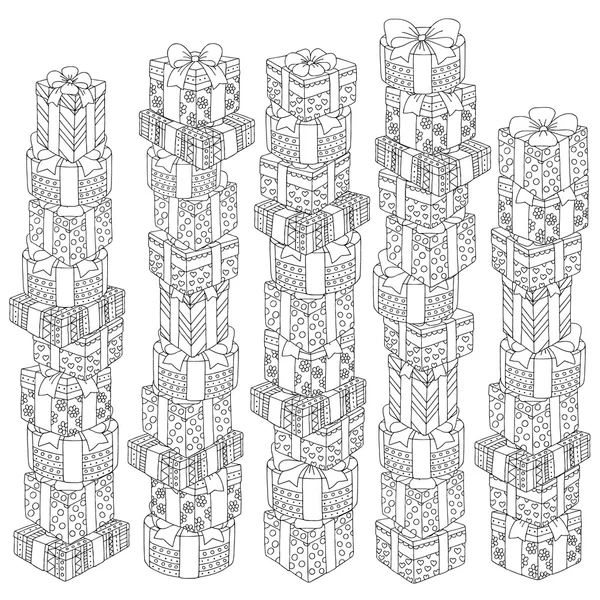 成人着色书矢量手绘礼品盒的插画。手绘草图抗应力着色的成人书页与嘟嘟和 zentangle 元素. — 图库矢量图片