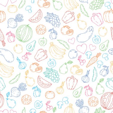 Elle çizilmiş illüstrasyon vektör tasarım öğeleri, Dikişsiz desen ve arka plan için ayarla organik, sağlıklı ve vegan gıda ambalaj taze sağlıklı organik gıda vektör doodle. Bir hediye için ambalaj