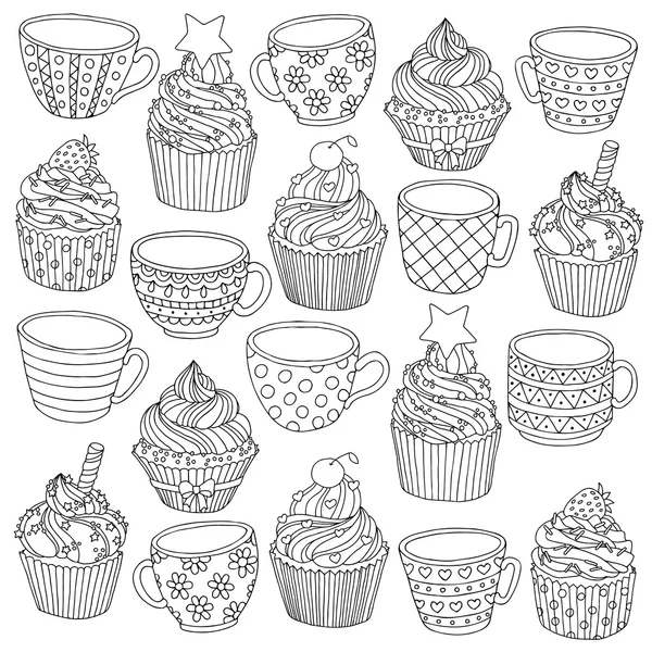 Vektor handgezeichnete Cup Cupcake Illustration für Erwachsene Malbuch. Freihand-Skizze für erwachsene Anti-Stress-Malbuchseite mit Kritzel- und Zentangle-Elementen. — Stockvektor