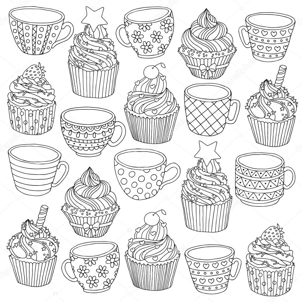 Vector hand drawn cup cupcake illustration for adult coloring book. Freehand sketch for adult anti stress coloring book page with doodle and zentangle elements.