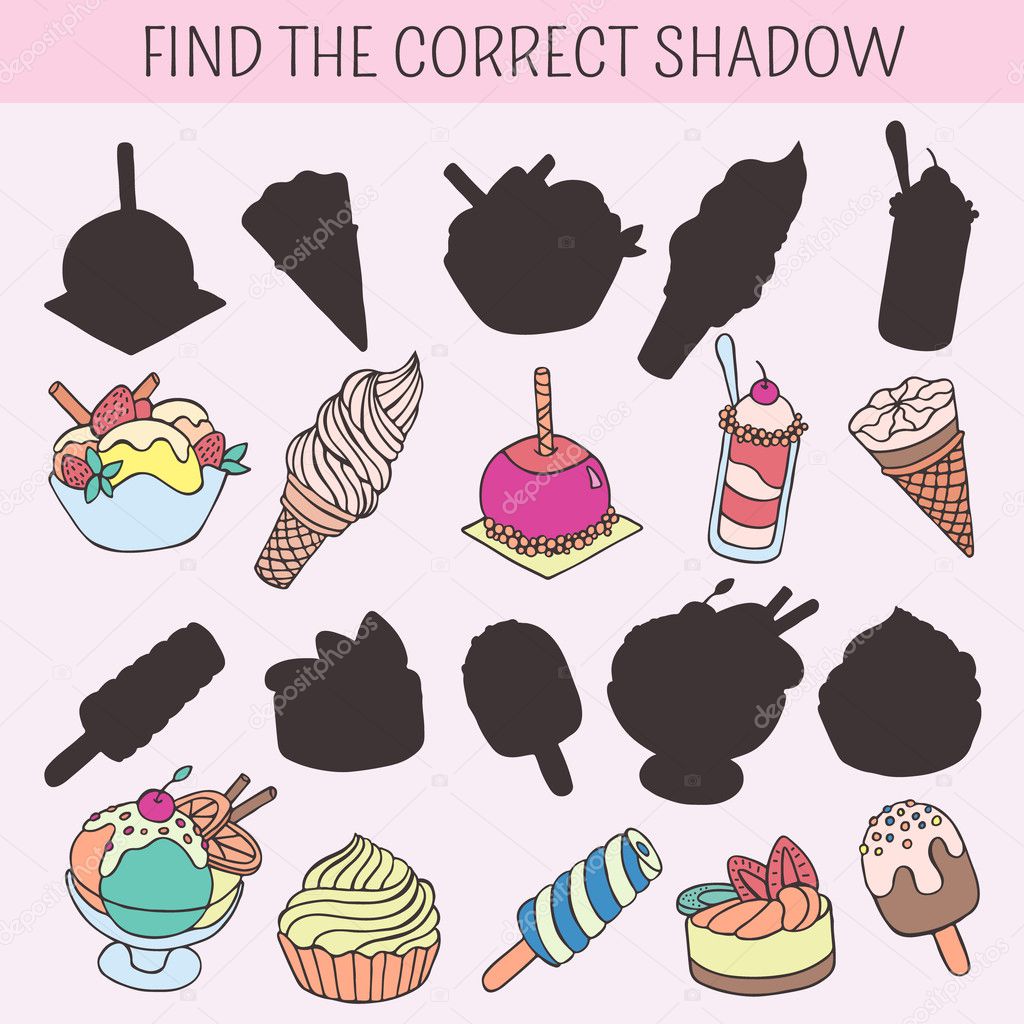 Find the correct shadow. Educational game for children. Vector hand drawn doodle illustration. Cartoon cakes, cupcakes, desserts, sweets, ice cream
