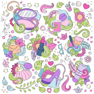 Elle çizilmiş vektör arka plan, doku, desen, duvar kağıdı, Fon Doodle. Güzellik salonları, kozmetik, makyaj öğeler topluluğu. Anti-stres boyama kitabı sayfa yetişkinler için