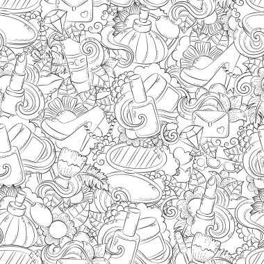Sorunsuz doodle elle çizilmiş vektör arka plan, doku, desen, duvar kağıdı, fon. Güzellik salonları, kozmetik, makyaj öğeler topluluğu. Anti-stres boyama kitabı sayfa yetişkinler için