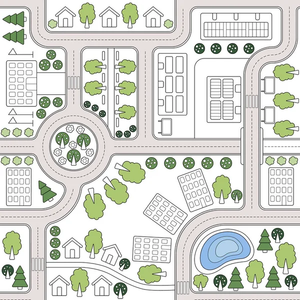 シームレスなベクトルの背景パターン、壁紙、住宅、道路、樹木を背景に抽象化します。都市計画景観計画。市内、市街地図。Web デザイン、生地、織物、衣料品の印刷用テンプレート — ストックベクタ