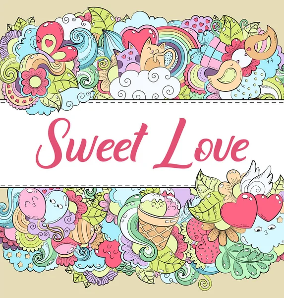 Romantischer Hintergrund, Tapete, Textur, Postkarte, Karte. Vorlage für Werbung, Banner, Flyer, Webdesign, Gruß, Einladung. Vektor Cartoon Farbkritzelillustration. Sweet Love Hand Schriftzug — Stockvektor