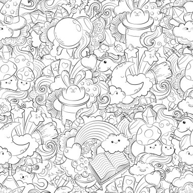 Vektör el çizilmiş yolu, iksir, Sihir, hileler, kartları, şapka, bulut, kalp, yıldız, illüstrasyon yetişkin boyama kitabı için. Kroki için yetişkin anti stres kitabı sayfa doodle ve zentangle elemanları ile boyama