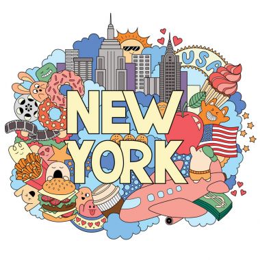 Vector doodle illustration showing Architecture and Culture of New York. Abstract background with hand drawn text New York. Template for advertising, postcards, banner, web design. Hand lettering clipart