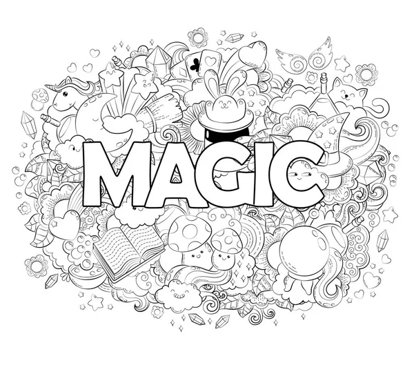 Cadılar Bayramı kavramı. El çizilen çizgi film illüstrasyon doodle. Sihirli desen. Gösterim amacıyla yetişkin renklendirme kitap. Kroki için yetişkin anti stres kitabı sayfa doodle ve zentangle elemanları ile boyama — Stok Vektör