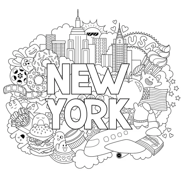 Illustrazione doodle vettoriale che mostra Architettura e cultura di New York. Sfondo astratto con testo disegnato a mano New York. Modello per pubblicità, cartoline, banner, web design. Lettere a mano — Vettoriale Stock