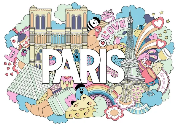 Illustrazione doodle vettoriale che mostra Architettura e cultura di Parigi. Sfondo astratto con testo disegnato a mano Parigi. Modello per pubblicità, cartoline, banner, web design. Lettere a mano — Vettoriale Stock
