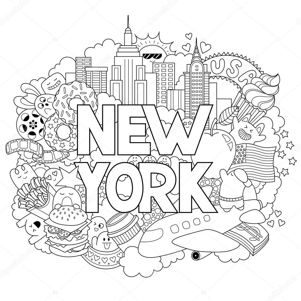 Vector doodle illustration showing Architecture and Culture of New York. Abstract background with hand drawn text New York. Template for advertising, postcards, banner, web design. Hand lettering