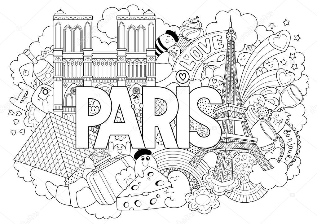 Vector doodle illustration showing Architecture and Culture of Paris. Abstract background with hand drawn text Paris. Template for advertising, postcards, banner, web design. Hand lettering