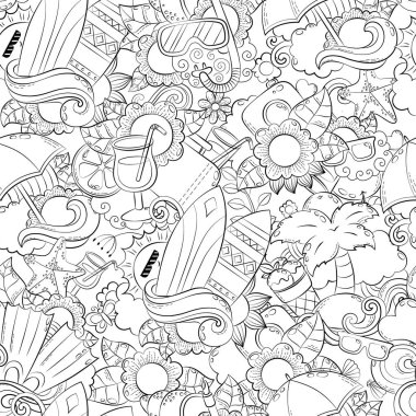 Sorunsuz soyut vektör arka plan, yaz karikatür duvar kağıdı doodle. Komik desen. Anti stres kitabı sayfası için yetişkin renklendirme