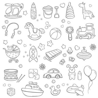 Arka plan, doku, zemin, desen, duvar kağıdı çocuk çizgi film doodle oyuncakları ile. Eğitim oyun çocuklar, vektör çizim için. Bebek duş. Simgeler koleksiyonu kümesi