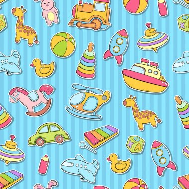 Sorunsuz arka plan, doku, zemin, desen, duvar kağıdı çocuk çizgi film doodle oyuncakları ile. Eğitim oyun çocuklar, vektör çizim için. Bebek duş. Simgeler koleksiyonu kümesi
