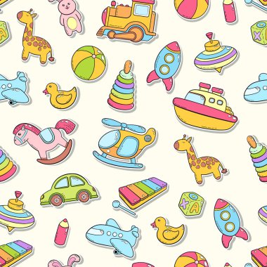 Sorunsuz arka plan, doku, zemin, desen, duvar kağıdı çocuk çizgi film doodle oyuncakları ile. Eğitim oyun çocuklar, vektör çizim için. Bebek duş. Simgeler koleksiyonu kümesi