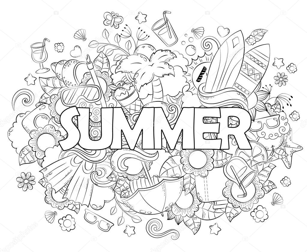 Doodle hand drawn vector illustration, background, texture, pattern, wallpaper, backdrop. Summer vacation, travel, recreation. Adult anti stress coloring book page with doodle and zentangle elements