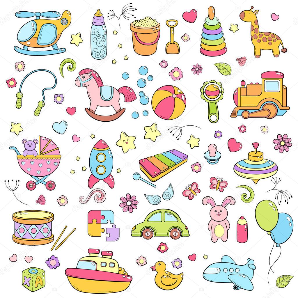 Background, texture, backdrop, pattern, wallpaper with children cartoon doodle toys. Educational games for kids, vector illustration. Baby shower. Icons collection set