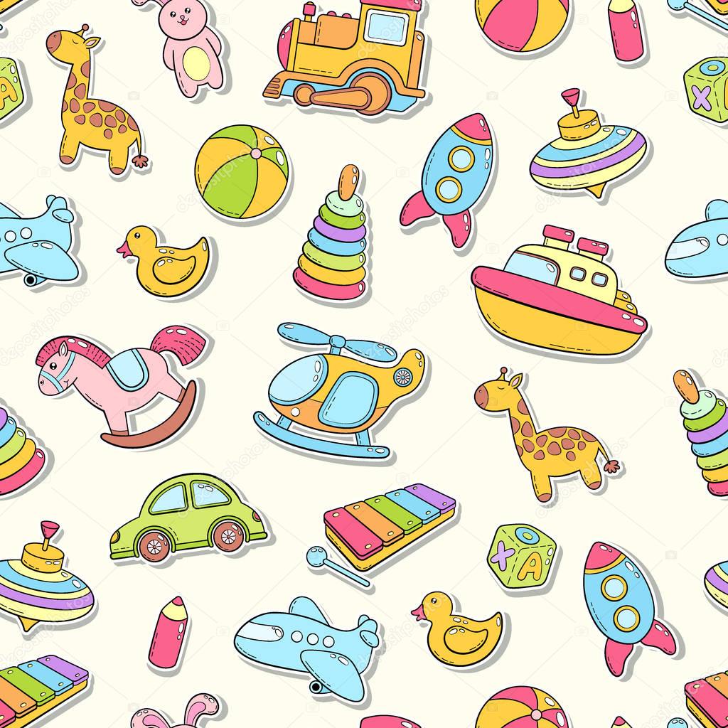 Seamless background, texture, backdrop, pattern, wallpaper with children cartoon doodle toys. Educational games for kids, vector illustration. Baby shower. Icons collection set