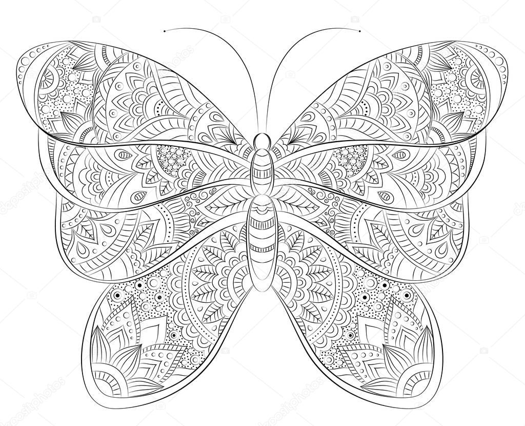 Vector doodle zentangle butterfly banner. Wish, congratulations, postcard. Template for printing, web design, poster, banner, flyer. Adult anti stress printable coloring book page