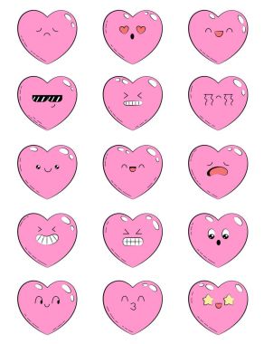 Farklı duygular kalp ile simgeler kümesi. Site, bilgi grafik, video, animasyon, Web siteleri, posta, haber bültenleri, raporları, çizgi roman için emoticons topluluğu. Doodle illüstrasyon. Elle çizilmiş kalp