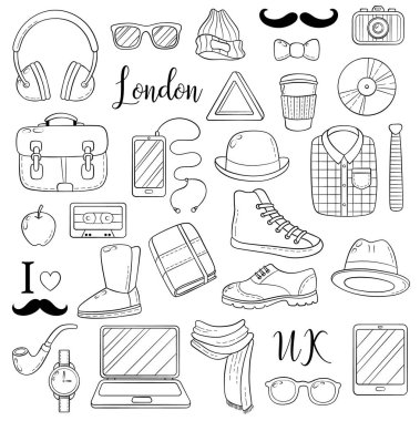 Grafik öğeleri simgeler kümesi. Hipster aksesuarları. Doodle karikatür komik arka plan, duvar kağıdı, şablon, zemin, vektör çizim. Serbest kroki için yetişkin anti stres boyama kitabı sayfası