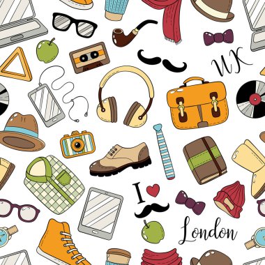 Sorunsuz arka plan, desen, duvar kağıdı, doku. El ilanı, reklam, afiş için şablon. Vektör Doodle simgeler koleksiyonu. Hipster aksesuarları. Hipster stil öğeleri ve set retro tasarımı için simgeler