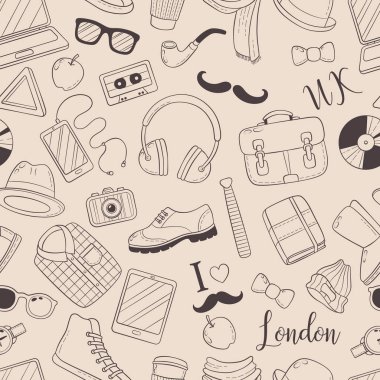 Sorunsuz arka plan, desen, duvar kağıdı, doku. El ilanı, reklam, afiş için şablon. Vektör Doodle simgeler koleksiyonu. Hipster aksesuarları. Hipster stil öğeleri ve set retro tasarımı için simgeler