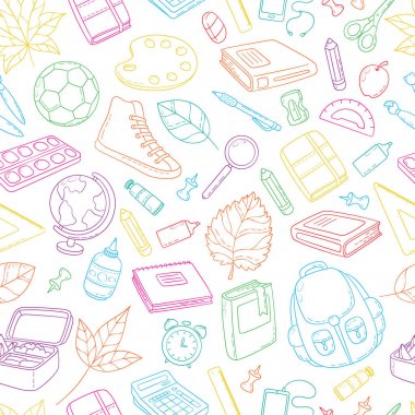 Kusursuz bir arka plan, desen, duvar kağıdı, doku. Broşür, reklam, afiş için şablon. Vektör Doodle Simgeleri Koleksiyonu. Okul malzemeleri. Okula dönüyorum, eğitimin ilk günü..