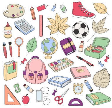 Vektör Doodle simgeler koleksiyonu. Okul malzemeleri. Çalışmanın ilk gün okula dönüş. Arka plan, desen, duvar kağıdı, doku. El ilanı, reklam, afiş için şablon.