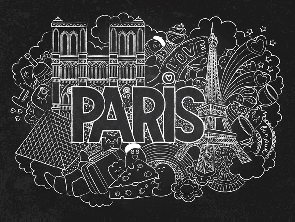 Vektor doodle illustration visar arkitektur och kultur i Paris. Abstrakt bakgrund tavlan med hand dras texten Paris. Mall för reklam, vykort, banner, webbdesign. Hand bokstäver — Stock vektor