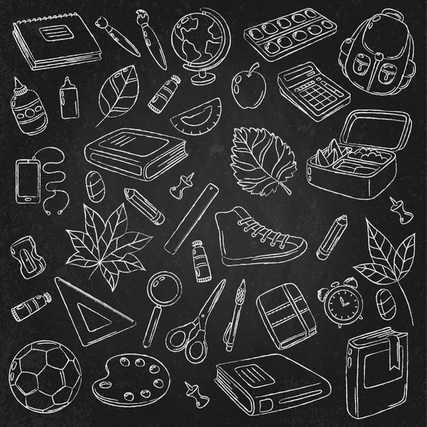 Vektör Doodle simgeler koleksiyonu. Okul malzemeleri. Çalışmanın ilk gün okula dönüş. Arka plan, desen, duvar kağıdı, doku. El ilanı, reklam, afiş için şablon. Kara tahta yazı tahtası