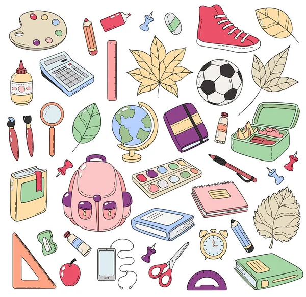 Vektör Doodle simgeler koleksiyonu. Okul malzemeleri. Çalışmanın ilk gün okula dönüş. Arka plan, desen, duvar kağıdı, doku. El ilanı, reklam, afiş için şablon.