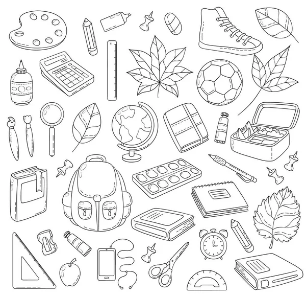 Vector Doodle pictogrammen collectie. De levering van de school. Terug naar school, de eerste dag van studie. Achtergrond, patroon, achtergrond, textuur. Sjabloon voor folder, advertentie, banner. — Stockvector