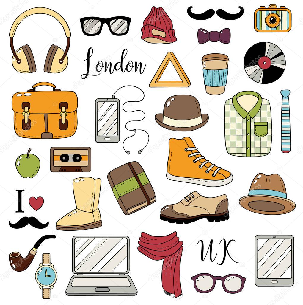 Set of graphic elements. Hipster accessories. Doodle cartoon comic background, wallpaper, template, backdrop. Set of icons for web design, advertising, packaging, postcard. Vector illustration