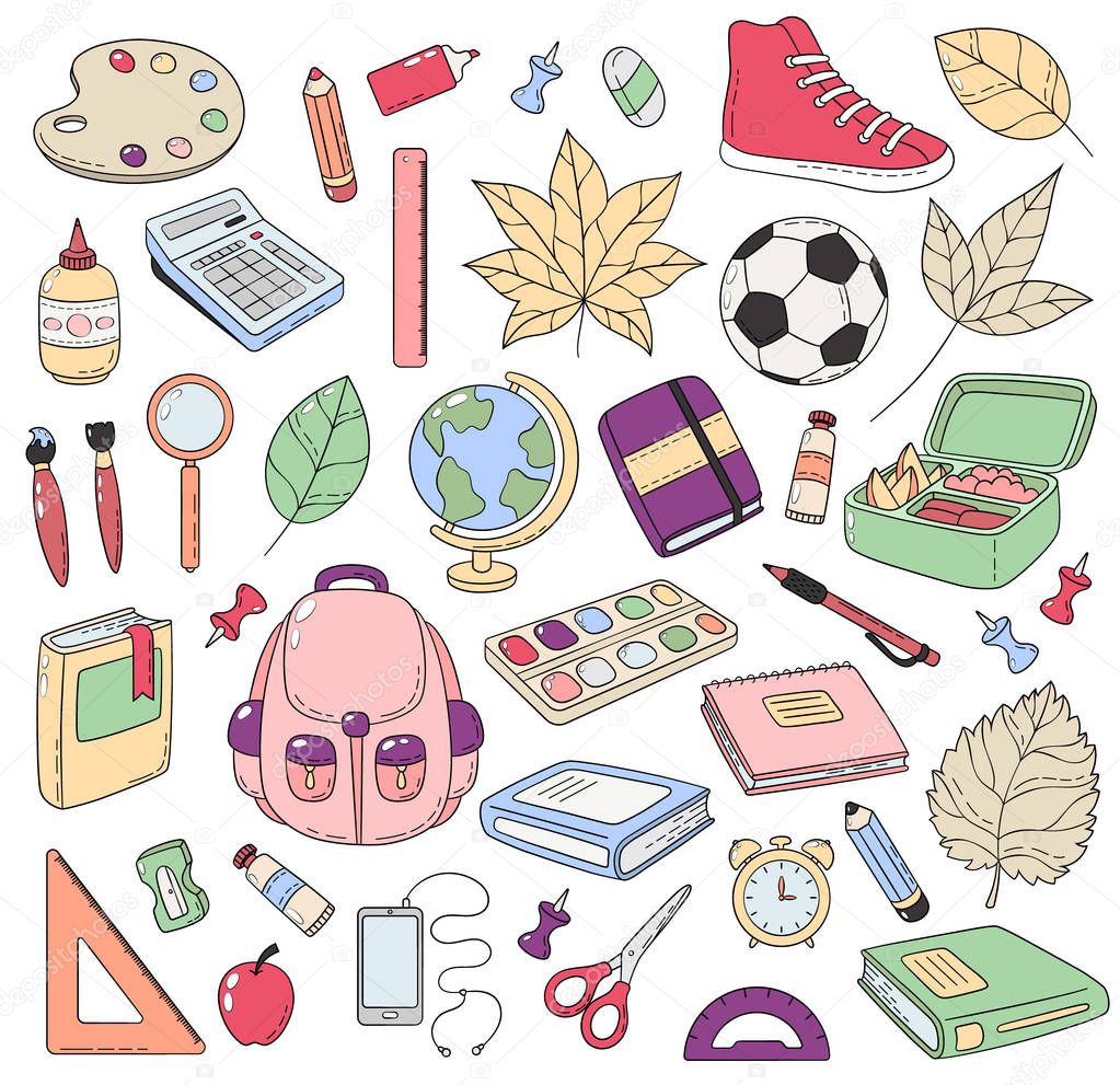Vector Doodle Icons Collection. School supplies. Back to school, the first day of study. Background, pattern, wallpaper, texture. Template for flyer, advertisement, banner.