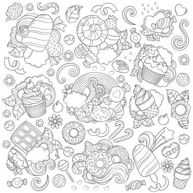 Doodle vektör çizim, arka plan, doku, desen, duvar kağıdı, tatlılar, tatlılar, dondurma, koleksiyon öğeleri kümesi şeker. Serbest kroki için yetişkin anti stres boyama kitabı sayfası