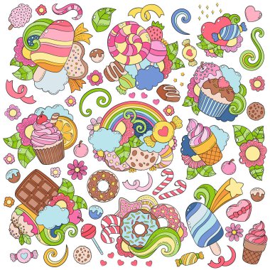 Elle çizilmiş vektör çizim, arka plan, doku, desen, duvar kağıdı, Fon Doodle. Renk, parlak tatlılar, tatlılar, hamur işleri, dondurma, şeker öğeleri koleksiyonu ayarla. Yama, rozet