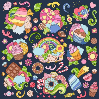 Elle çizilmiş vektör çizim, arka plan, doku, desen, duvar kağıdı, Fon Doodle. Renk, parlak tatlılar, tatlılar, hamur işleri, dondurma, şeker öğeleri koleksiyonu ayarla. Yama, rozet