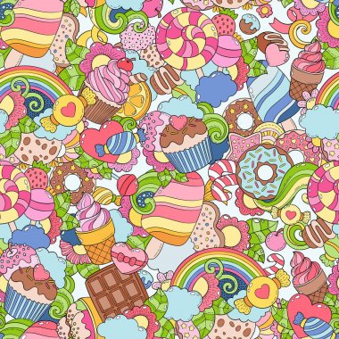 Elle çizilmiş vektör çizim, sorunsuz arka plan, doku, desen, duvar kağıdı, Fon Doodle. Renk, parlak tatlılar, tatlılar, hamur işleri, dondurma, şeker öğeleri koleksiyonu ayarla