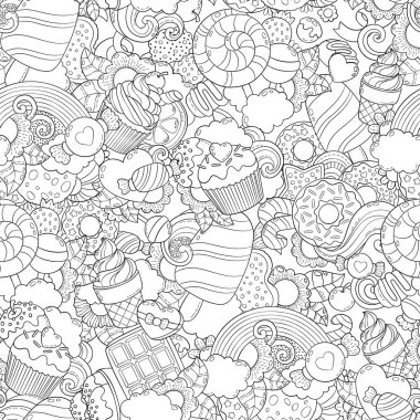 Doodle vektör çizim, arka plan, doku, desen, duvar kağıdı, tatlılar, tatlılar, dondurma, koleksiyon öğeleri kümesi şeker. Serbest kroki için yetişkin anti stres boyama kitabı sayfası