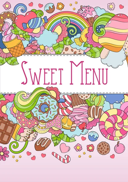 手描きのベクトル図、抽象的な背景、パターン、壁紙、背景を落書き。色、明るいお菓子、デザート、ペストリー、アイスクリーム、お菓子の要素のコレクションを設定します。デザート メニュー テンプレート — ストックベクタ