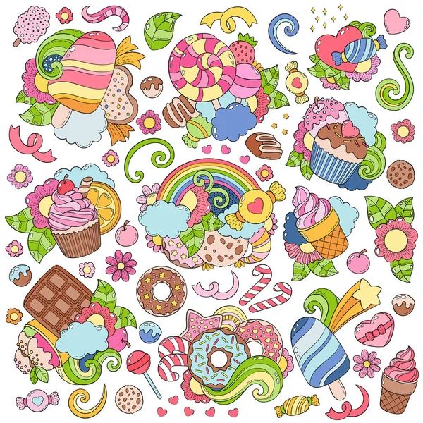 Elle çizilmiş vektör çizim, arka plan, doku, desen, duvar kağıdı, Fon Doodle. Renk, parlak tatlılar, tatlılar, hamur işleri, dondurma, şeker öğeleri koleksiyonu ayarla. Yama, rozet