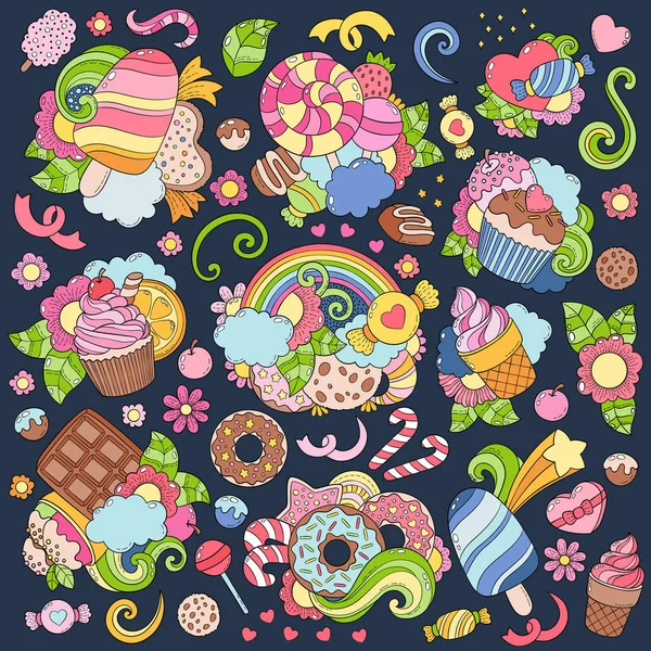 Elle çizilmiş vektör çizim, arka plan, doku, desen, duvar kağıdı, Fon Doodle. Renk, parlak tatlılar, tatlılar, hamur işleri, dondurma, şeker öğeleri koleksiyonu ayarla. Yama, rozet